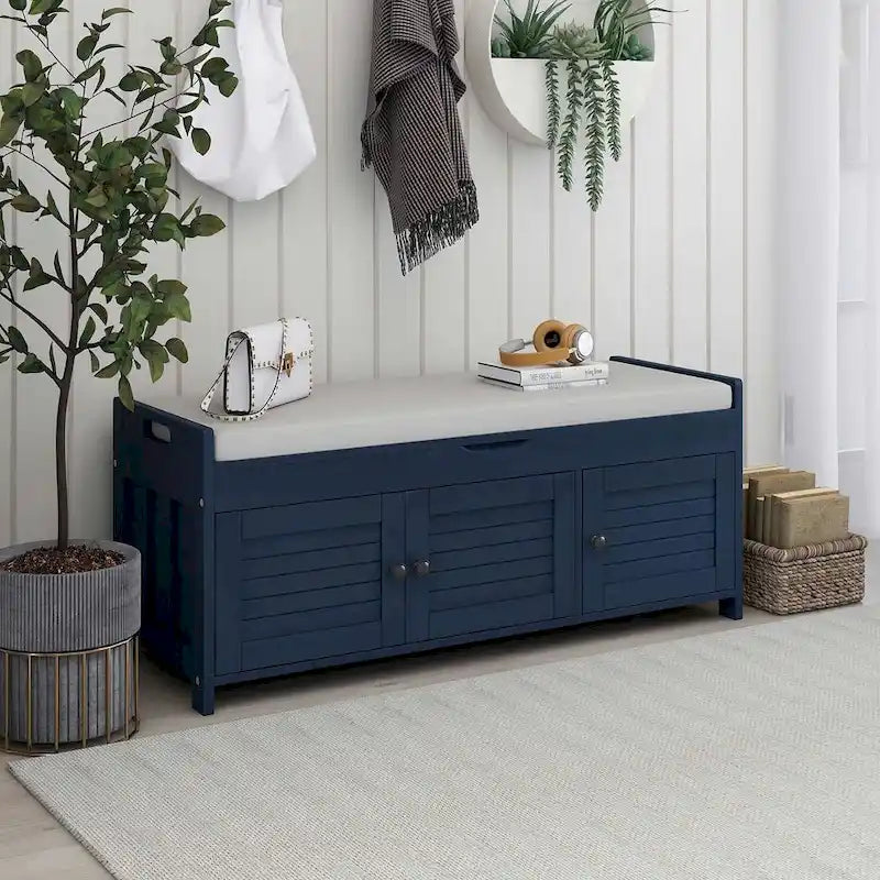 Blanc / Gris lavé / Bleu marine antique / Expresso – Banc à chaussures de style campagnard à 3 portes, 2 places
