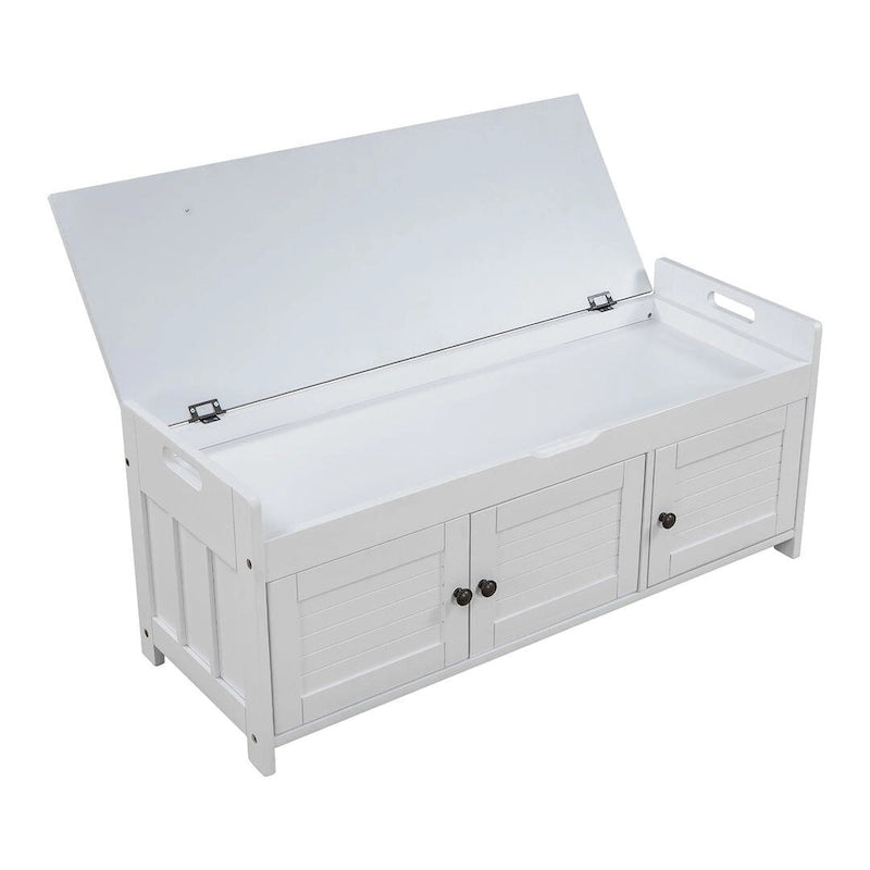 Blanc / Gris lavé / Bleu marine antique / Expresso – Banc à chaussures de style campagnard à 3 portes, 2 places