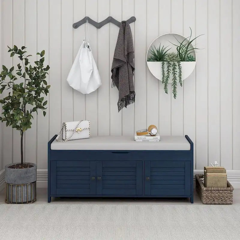 Blanc / Gris lavé / Bleu marine antique / Expresso – Banc à chaussures de style campagnard à 3 portes, 2 places
