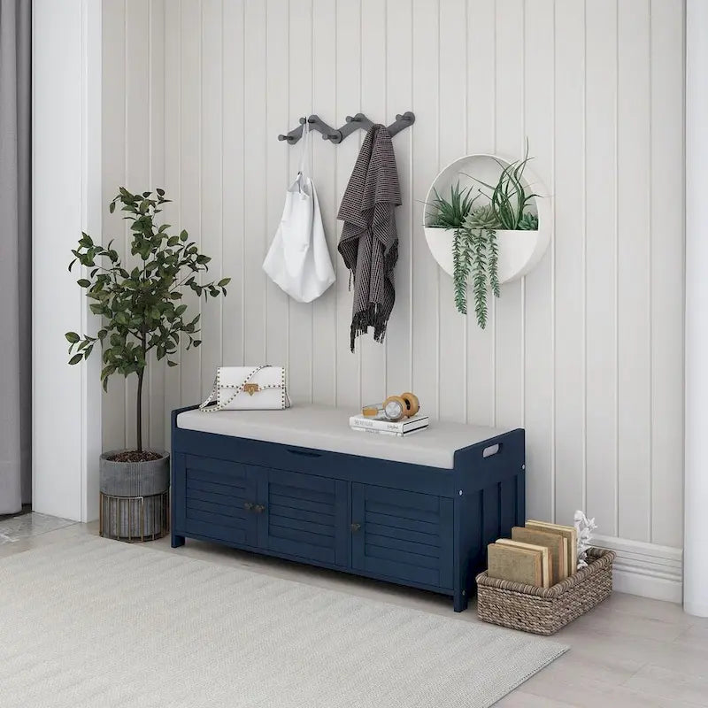Blanc / Gris lavé / Bleu marine antique / Expresso – Banc à chaussures de style campagnard à 3 portes, 2 places