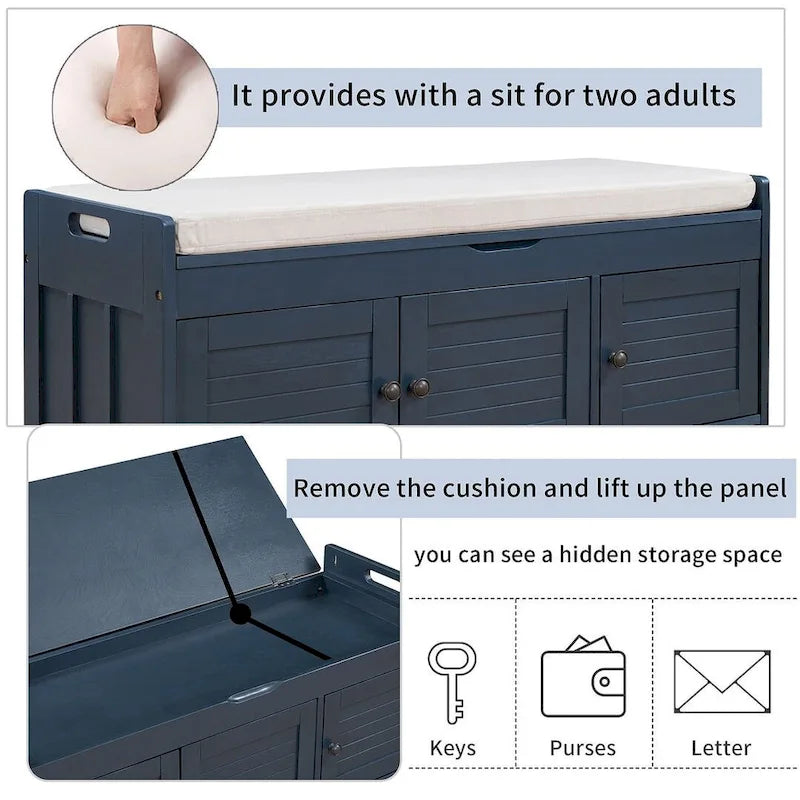 Blanc / Gris lavé / Bleu marine antique / Expresso – Banc à chaussures de style campagnard à 3 portes, 2 places