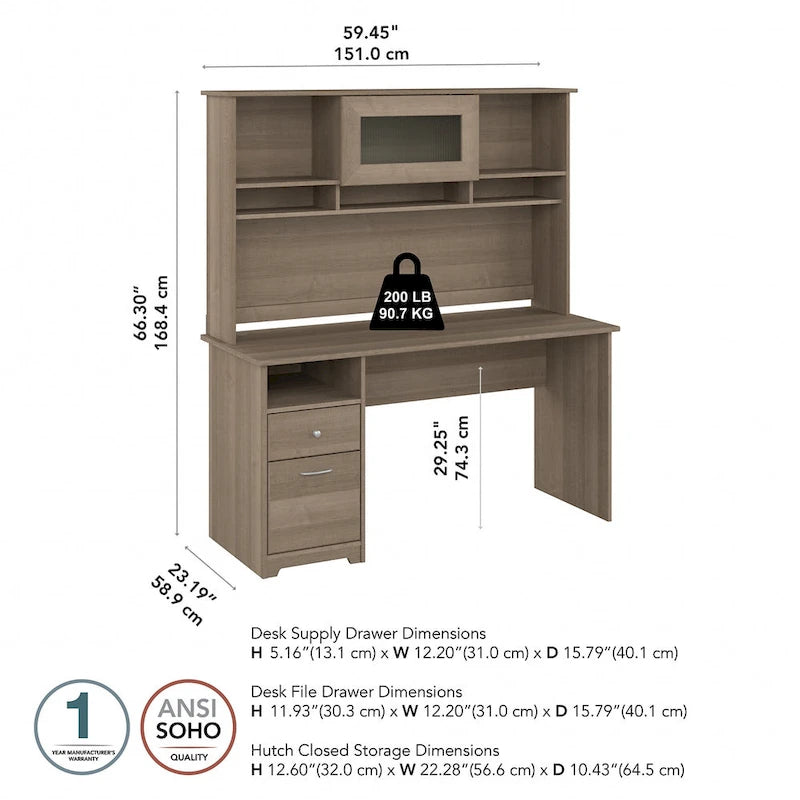 Bureau informatique de 60 po avec huche – Couleurs variées | Simple | Style traditionnel