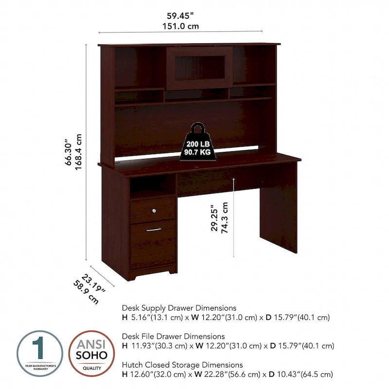 Bureau informatique de 60 po avec huche – Couleurs variées | Simple | Style traditionnel