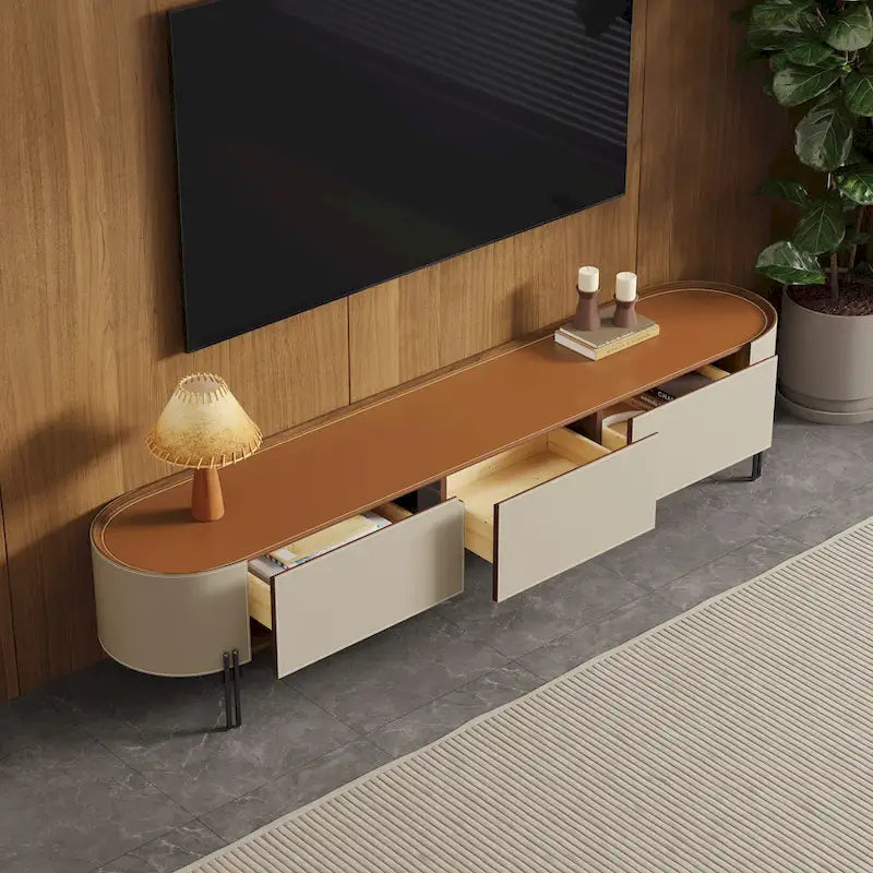 Meuble TV en Faux Cuir Kaki avec 3 Tiroirs, 1 Unité
