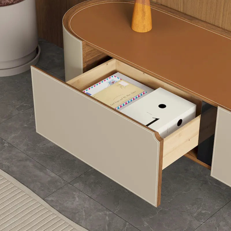 Meuble TV en Faux Cuir Kaki avec 3 Tiroirs, 1 Unité
