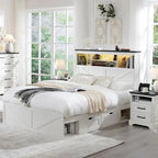 Cadre de lit Queen de style ferme blanc/marron chaud/marron/noir avec tête de lit de rangement et tiroirs, pour 1 personne