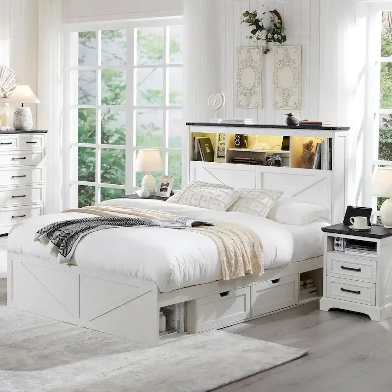 Cadre de lit Queen de style ferme blanc/marron chaud/marron/noir avec tête de lit de rangement et tiroirs, pour 1 personne
