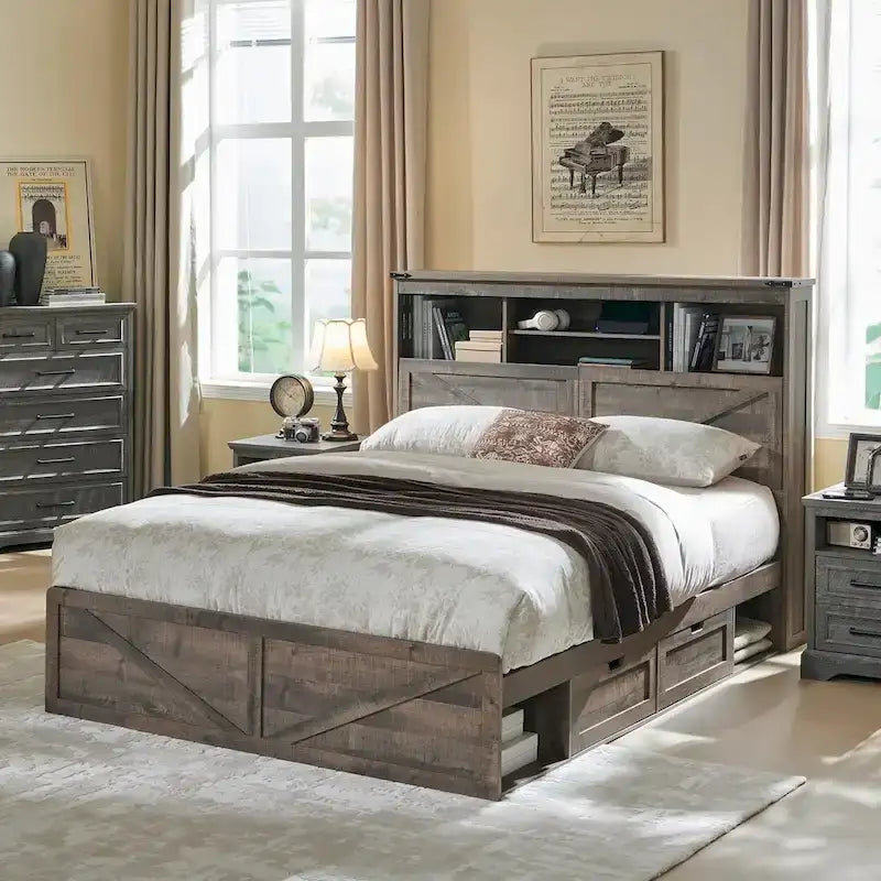 Cadre de lit Queen de style ferme blanc/marron chaud/marron/noir avec tête de lit de rangement et tiroirs, pour 1 personne