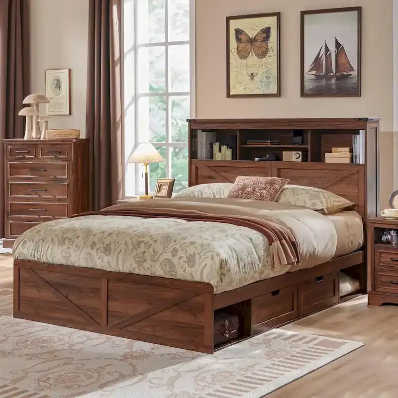 Cadre de lit Queen de style ferme blanc/marron chaud/marron/noir avec tête de lit de rangement et tiroirs, pour 1 personne