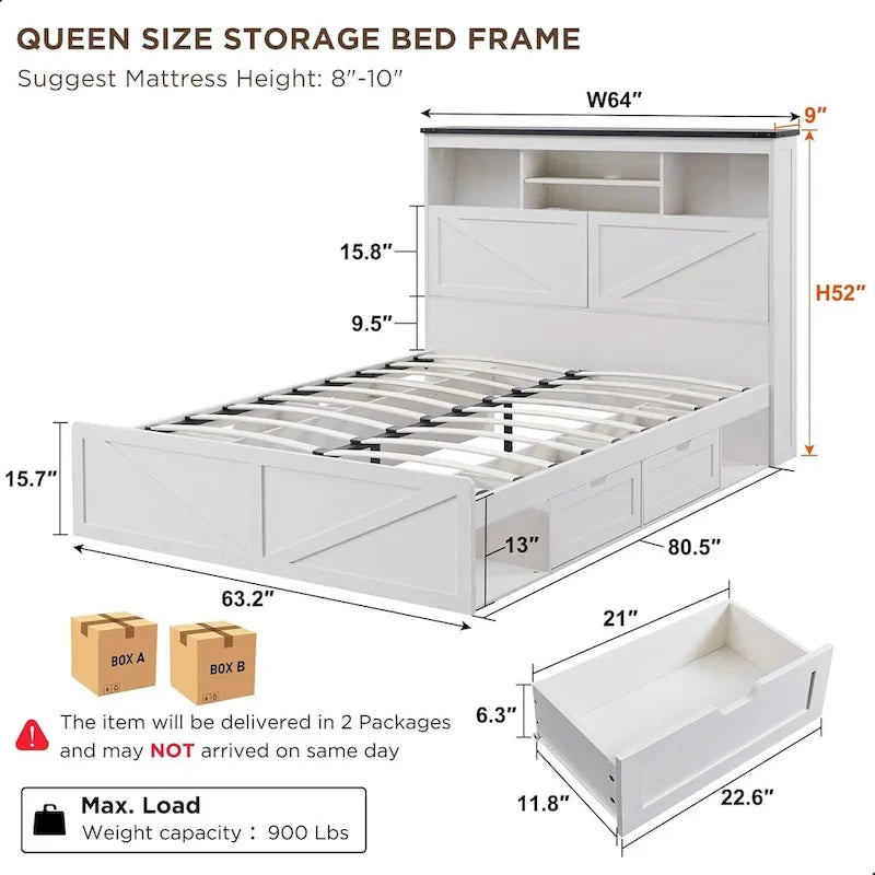 Cadre de lit Queen de style ferme blanc/marron chaud/marron/noir avec tête de lit de rangement et tiroirs, pour 1 personne