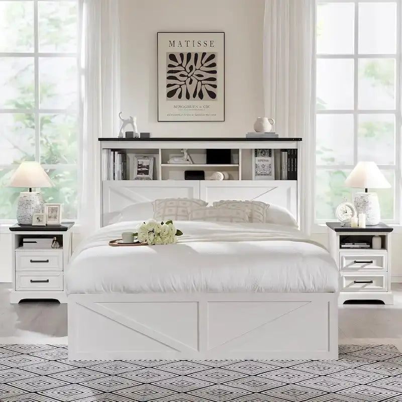 Cadre de lit Queen de style ferme blanc/marron chaud/marron/noir avec tête de lit de rangement et tiroirs, pour 1 personne