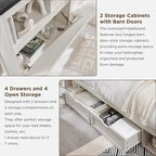 Cadre de lit Queen de style ferme blanc/marron chaud/marron/noir avec tête de lit de rangement et tiroirs, pour 1 personne