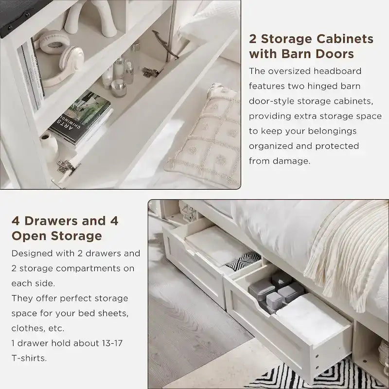 Cadre de lit Queen de style ferme blanc/marron chaud/marron/noir avec tête de lit de rangement et tiroirs, pour 1 personne