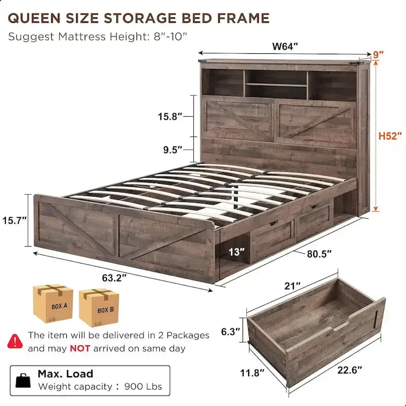 Cadre de lit Queen de style ferme blanc/marron chaud/marron/noir avec tête de lit de rangement et tiroirs, pour 1 personne