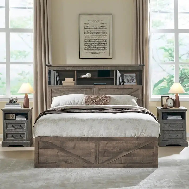 Cadre de lit Queen de style ferme blanc/marron chaud/marron/noir avec tête de lit de rangement et tiroirs, pour 1 personne