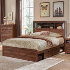 Cadre de lit Queen de style ferme blanc/marron chaud/marron/noir avec tête de lit de rangement et tiroirs, pour 1 personne