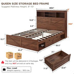 Cadre de lit Queen de style ferme blanc/marron chaud/marron/noir avec tête de lit de rangement et tiroirs, pour 1 personne