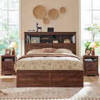 Cadre de lit Queen de style ferme blanc/marron chaud/marron/noir avec tête de lit de rangement et tiroirs, pour 1 personne