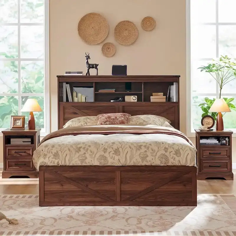 Cadre de lit Queen de style ferme blanc/marron chaud/marron/noir avec tête de lit de rangement et tiroirs, pour 1 personne