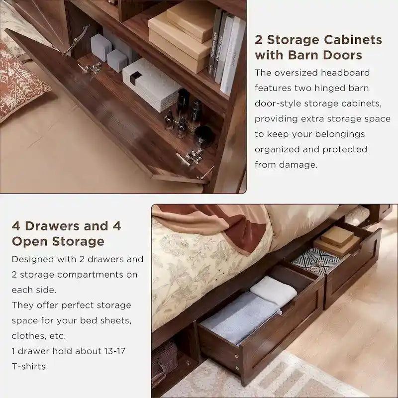 Cadre de lit Queen de style ferme blanc/marron chaud/marron/noir avec tête de lit de rangement et tiroirs, pour 1 personne