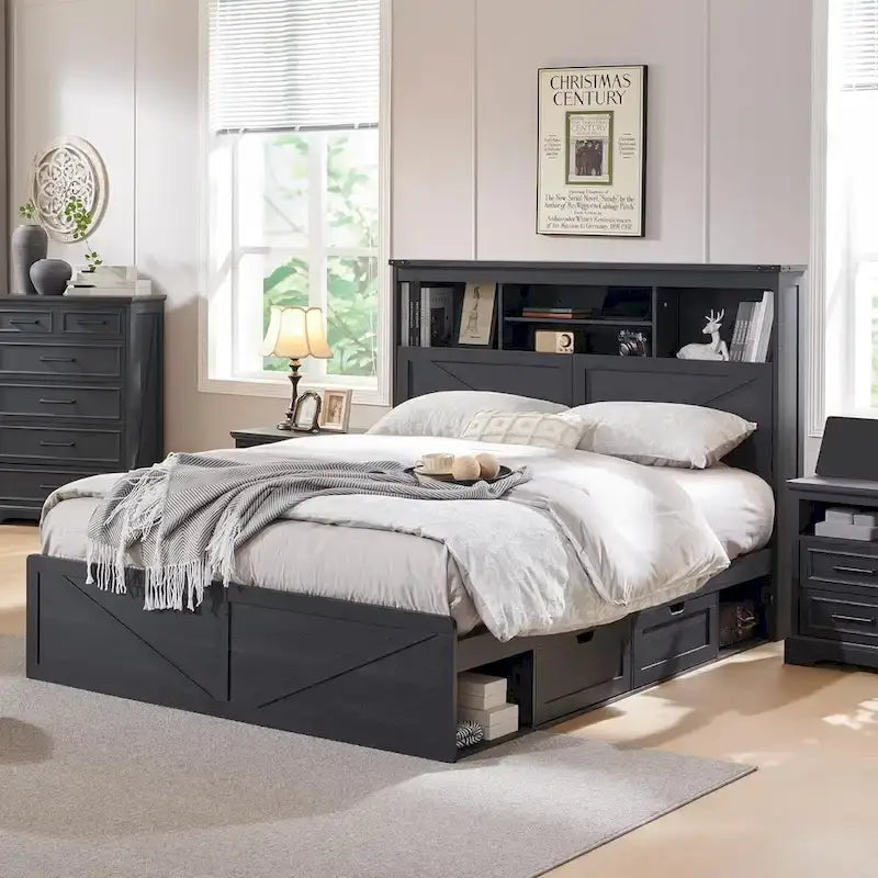 Cadre de lit Queen de style ferme blanc/marron chaud/marron/noir avec tête de lit de rangement et tiroirs, pour 1 personne