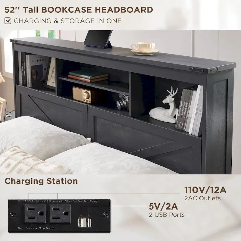 Cadre de lit Queen de style ferme blanc/marron chaud/marron/noir avec tête de lit de rangement et tiroirs, pour 1 personne