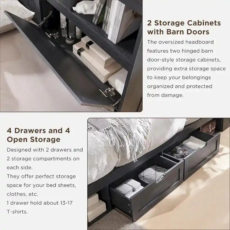 Cadre de lit Queen de style ferme blanc/marron chaud/marron/noir avec tête de lit de rangement et tiroirs, pour 1 personne