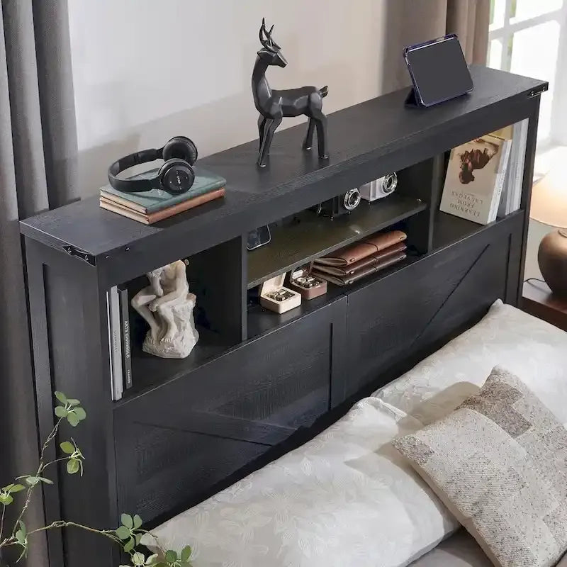 Cadre de lit Queen de style ferme blanc/marron chaud/marron/noir avec tête de lit de rangement et tiroirs, pour 1 personne
