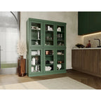 Armoire de cuisine en bois massif avec portes vitrées et étagères réglables, coloris vert / noir / sauge / gris / moka / jaune / aqua / bleu sarcelle / blanc / bleu antique / beige / marine