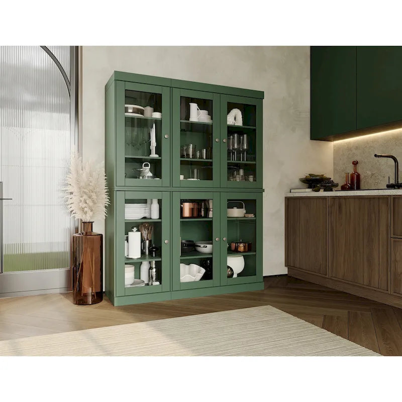 Armoire de cuisine en bois massif avec portes vitrées et étagères réglables, coloris vert / noir / sauge / gris / moka / jaune / aqua / bleu sarcelle / blanc / bleu antique / beige / marine