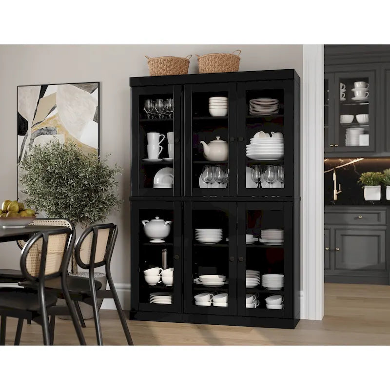 Armoire de cuisine en bois massif avec portes vitrées et étagères réglables, coloris vert / noir / sauge / gris / moka / jaune / aqua / bleu sarcelle / blanc / bleu antique / beige / marine