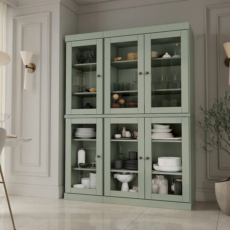 Armoire de cuisine en bois massif avec portes vitrées et étagères réglables, coloris vert / noir / sauge / gris / moka / jaune / aqua / bleu sarcelle / blanc / bleu antique / beige / marine