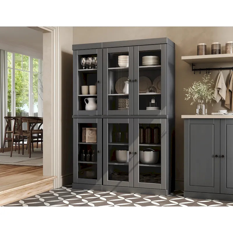 Armoire de cuisine en bois massif avec portes vitrées et étagères réglables, coloris vert / noir / sauge / gris / moka / jaune / aqua / bleu sarcelle / blanc / bleu antique / beige / marine