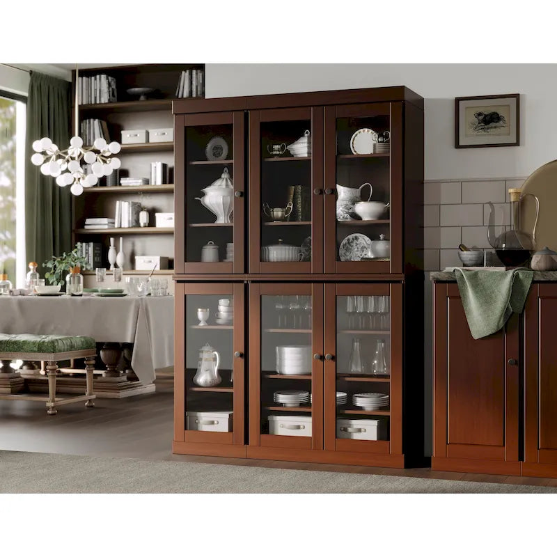 Armoire de cuisine en bois massif avec portes vitrées et étagères réglables, coloris vert / noir / sauge / gris / moka / jaune / aqua / bleu sarcelle / blanc / bleu antique / beige / marine