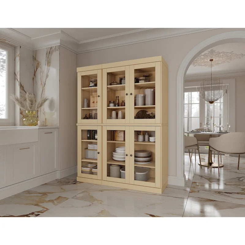 Armoire de cuisine en bois massif avec portes vitrées et étagères réglables, coloris vert / noir / sauge / gris / moka / jaune / aqua / bleu sarcelle / blanc / bleu antique / beige / marine