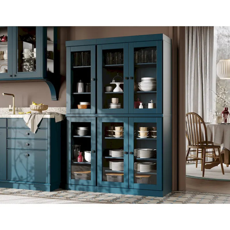 Armoire de cuisine en bois massif avec portes vitrées et étagères réglables, coloris vert / noir / sauge / gris / moka / jaune / aqua / bleu sarcelle / blanc / bleu antique / beige / marine