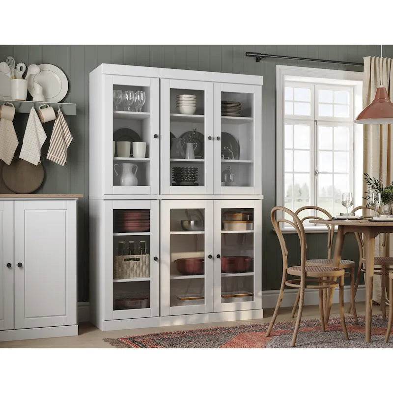 Armoire de cuisine en bois massif avec portes vitrées et étagères réglables, coloris vert / noir / sauge / gris / moka / jaune / aqua / bleu sarcelle / blanc / bleu antique / beige / marine