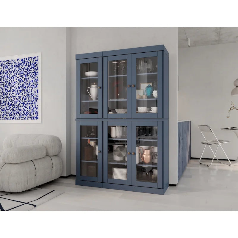 Armoire de cuisine en bois massif avec portes vitrées et étagères réglables, coloris vert / noir / sauge / gris / moka / jaune / aqua / bleu sarcelle / blanc / bleu antique / beige / marine