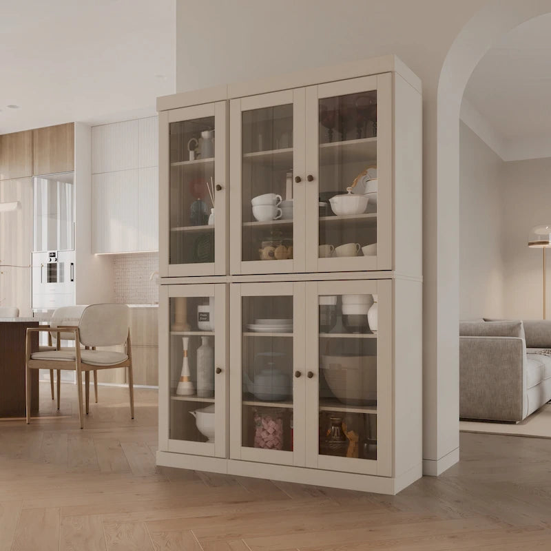 Armoire de cuisine en bois massif avec portes vitrées et étagères réglables, coloris vert / noir / sauge / gris / moka / jaune / aqua / bleu sarcelle / blanc / bleu antique / beige / marine