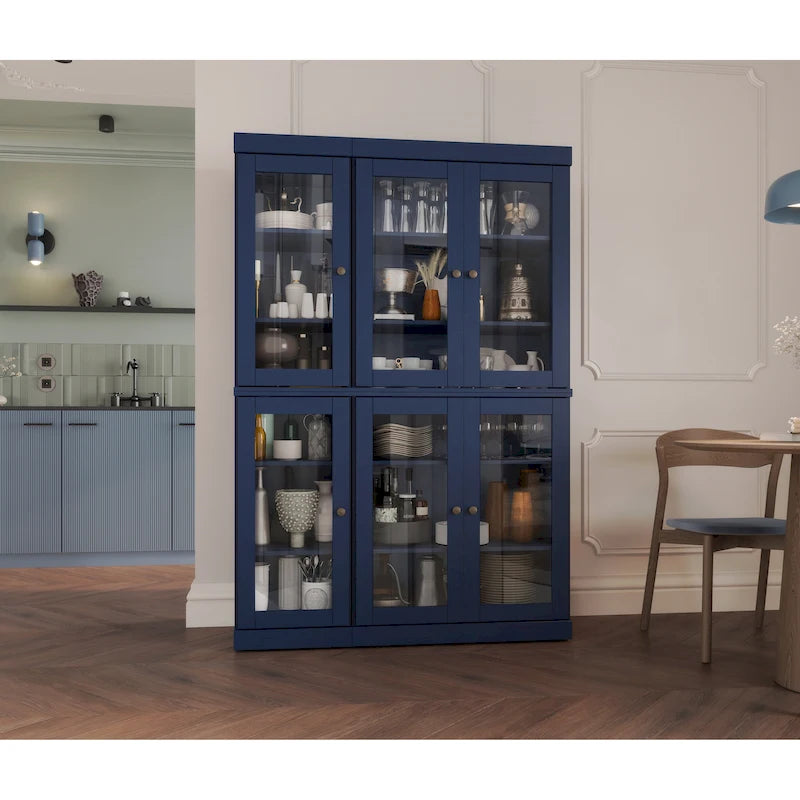 Armoire de cuisine en bois massif avec portes vitrées et étagères réglables, coloris vert / noir / sauge / gris / moka / jaune / aqua / bleu sarcelle / blanc / bleu antique / beige / marine