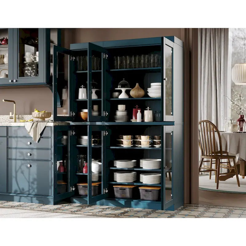 Armoire de cuisine en bois massif avec portes vitrées et étagères réglables, coloris vert / noir / sauge / gris / moka / jaune / aqua / bleu sarcelle / blanc / bleu antique / beige / marine