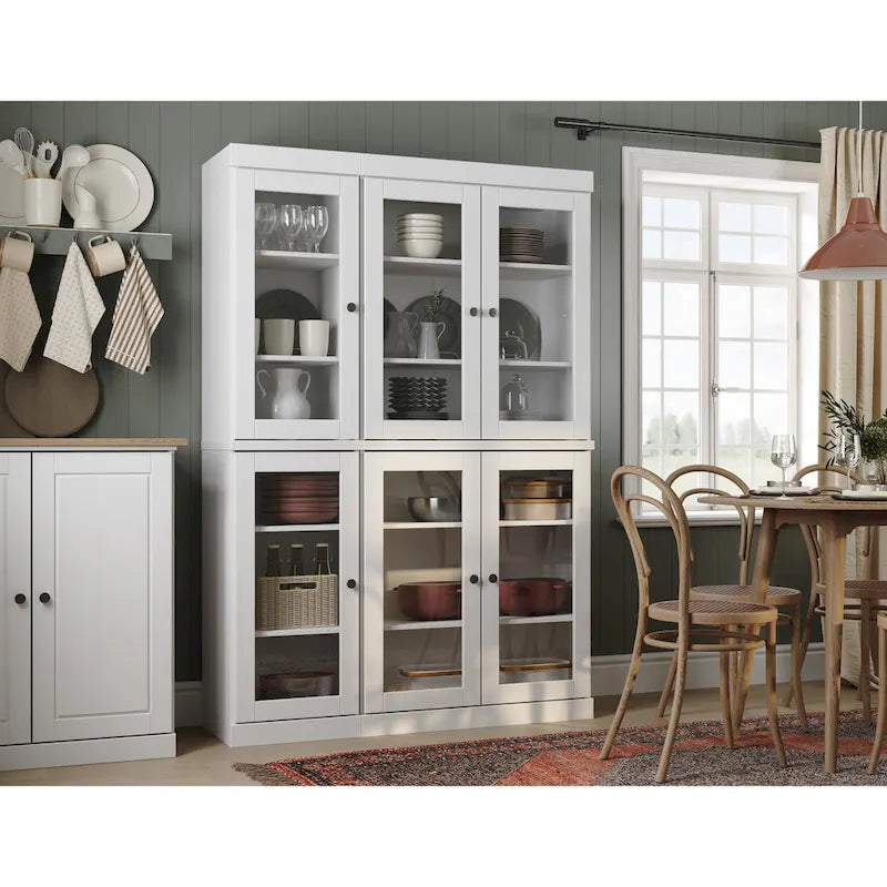 Armoire de cuisine en bois massif avec portes vitrées et étagères réglables, coloris vert / noir / sauge / gris / moka / jaune / aqua / bleu sarcelle / blanc / bleu antique / beige / marine