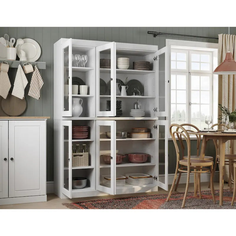 Armoire de cuisine en bois massif avec portes vitrées et étagères réglables, coloris vert / noir / sauge / gris / moka / jaune / aqua / bleu sarcelle / blanc / bleu antique / beige / marine