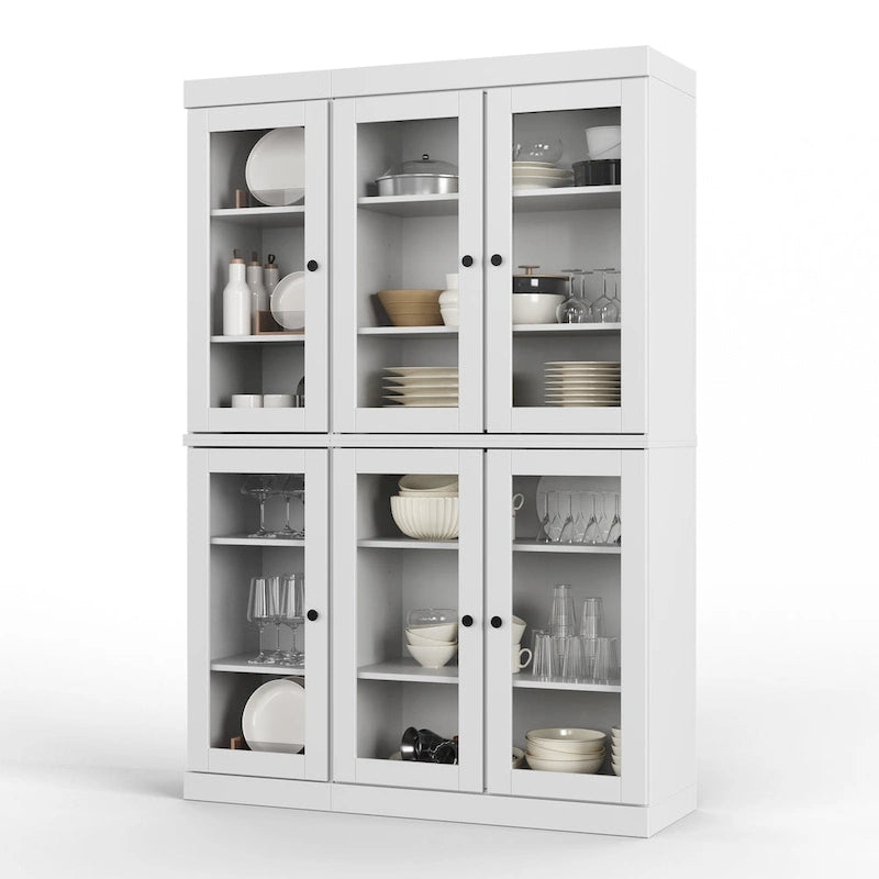 Armoire de cuisine en bois massif avec portes vitrées et étagères réglables, coloris vert / noir / sauge / gris / moka / jaune / aqua / bleu sarcelle / blanc / bleu antique / beige / marine