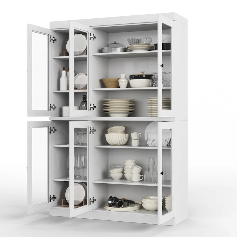 Armoire de cuisine en bois massif avec portes vitrées et étagères réglables, coloris vert / noir / sauge / gris / moka / jaune / aqua / bleu sarcelle / blanc / bleu antique / beige / marine