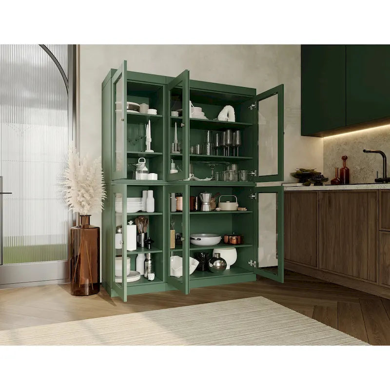 Armoire de cuisine en bois massif avec portes vitrées et étagères réglables, coloris vert / noir / sauge / gris / moka / jaune / aqua / bleu sarcelle / blanc / bleu antique / beige / marine