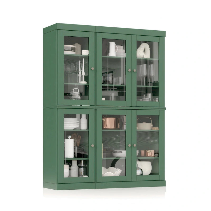 Armoire de cuisine en bois massif avec portes vitrées et étagères réglables, coloris vert / noir / sauge / gris / moka / jaune / aqua / bleu sarcelle / blanc / bleu antique / beige / marine