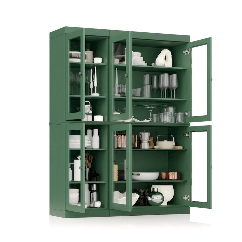 Armoire de cuisine en bois massif avec portes vitrées et étagères réglables, coloris vert / noir / sauge / gris / moka / jaune / aqua / bleu sarcelle / blanc / bleu antique / beige / marine