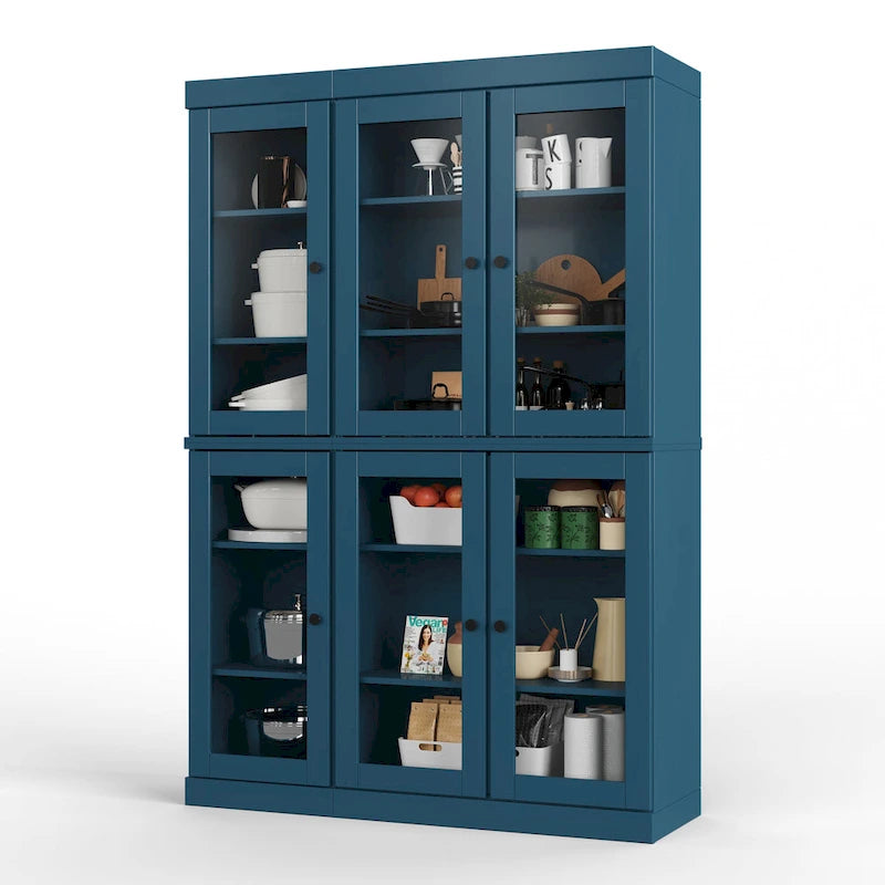 Armoire de cuisine en bois massif avec portes vitrées et étagères réglables, coloris vert / noir / sauge / gris / moka / jaune / aqua / bleu sarcelle / blanc / bleu antique / beige / marine