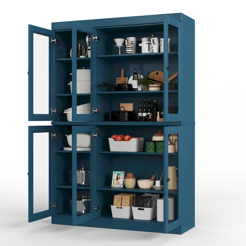 Armoire de cuisine en bois massif avec portes vitrées et étagères réglables, coloris vert / noir / sauge / gris / moka / jaune / aqua / bleu sarcelle / blanc / bleu antique / beige / marine